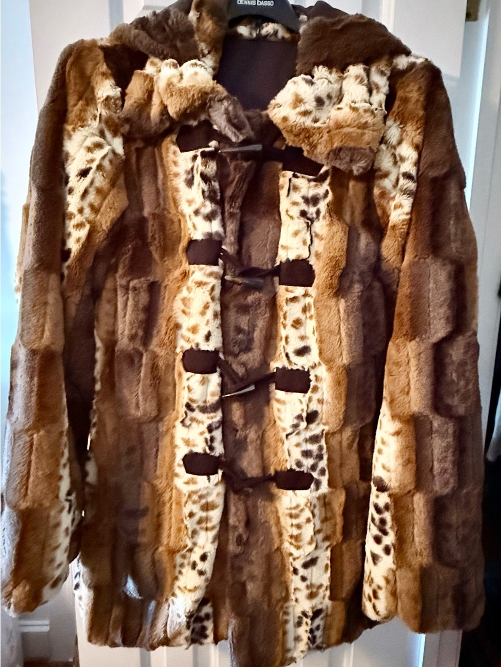 Designer Dennis Basso Faux Fur Leopard Print Toggle Coat